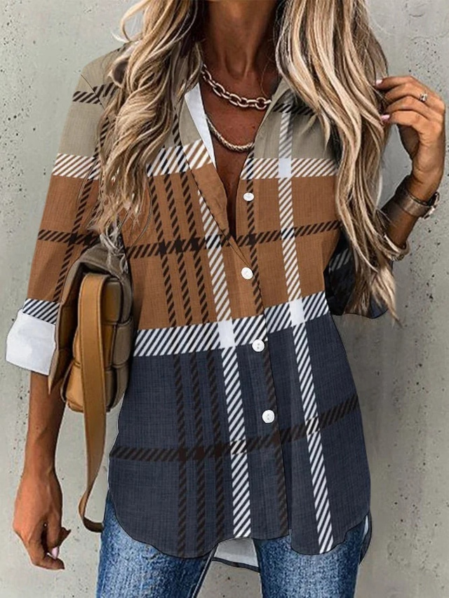  Women's Shirt Fashion Plaid Buttons Print Long Sleeve Regular Tops Shirt Collar Casual Red Blue Khaki Gray Spring &  Fall