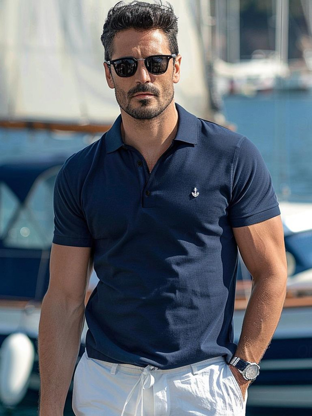  Men's Polo Knit Polo Sweater Casual Sports Turndown Short Sleeve Fashion Comfortable Solid Color Quilted Summer Regular Fit Dark Blue Polo