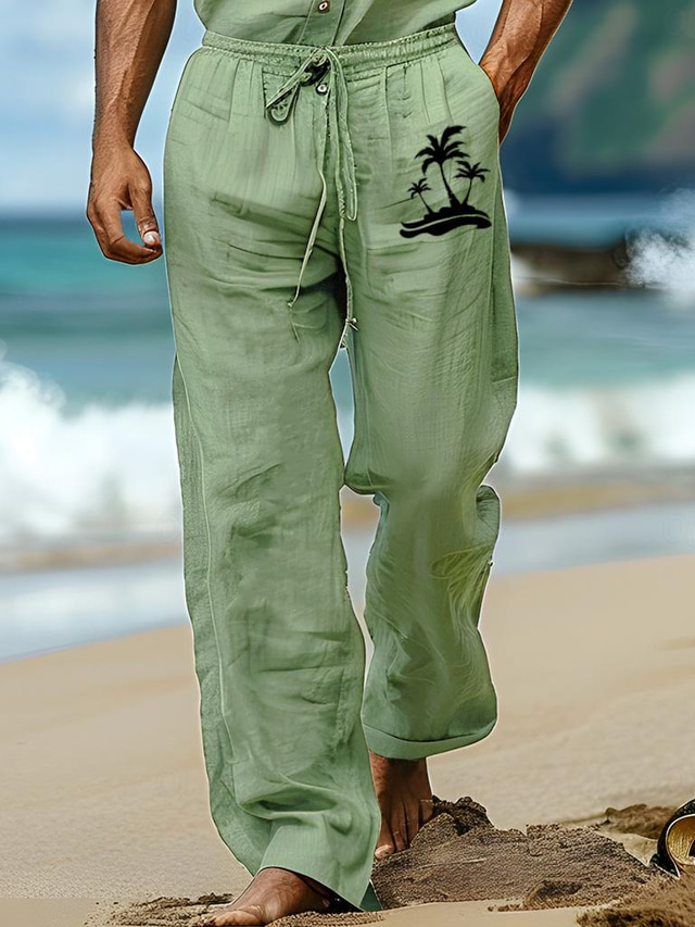  Men's Linen Pants Pocket Print Graphic Leaf Windproof Breathable Full Length Outdoor Casual Daily Vacation Fashion Loose Fit Blue Green Micro-elastic