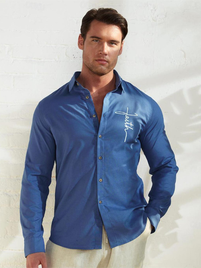  Camisa de lino 55% para hombre, camisa de lino estampada, azul, manga larga, solapa de fe, primavera y otoño, ropa diaria al aire libre