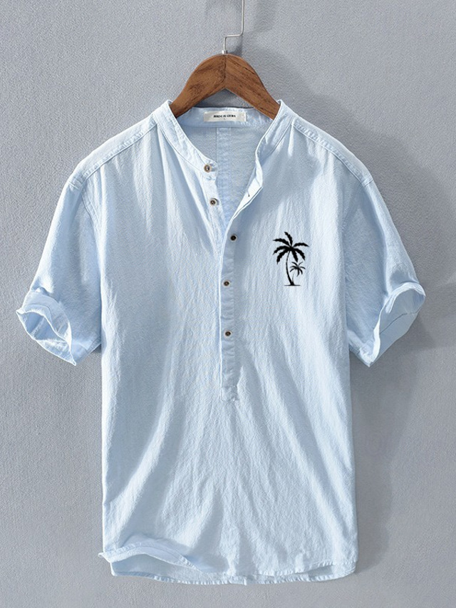  Men's Shirt Linen Shirt Cotton Linen Shirt Popover Shirt Casual Shirt White Navy Blue Gray Light Blue Short Sleeve Coconut Tree Band Collar Summer Street Hawaiian Clothing Apparel