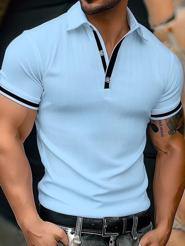  Homens Pólo Camisa de golfe Casual Feriado gola pólo com nervuras Manga Curta Moda Básico Listra Tecido Botão Verão Normal Azul Claro Branco Roxo Claro Café Pólo