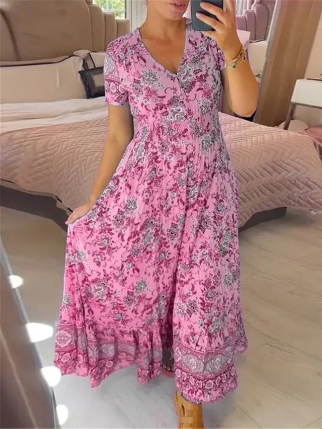  Damen kleid lang Casual kleid Schaukelkleid A Linie Kleid Sommerkleid Stilvoll Brautkleider schlicht Urlaub Täglich Regular Fit Blumen Kurzarm V Ausschnitt Rosa Grün Leicht Blau Sommer
