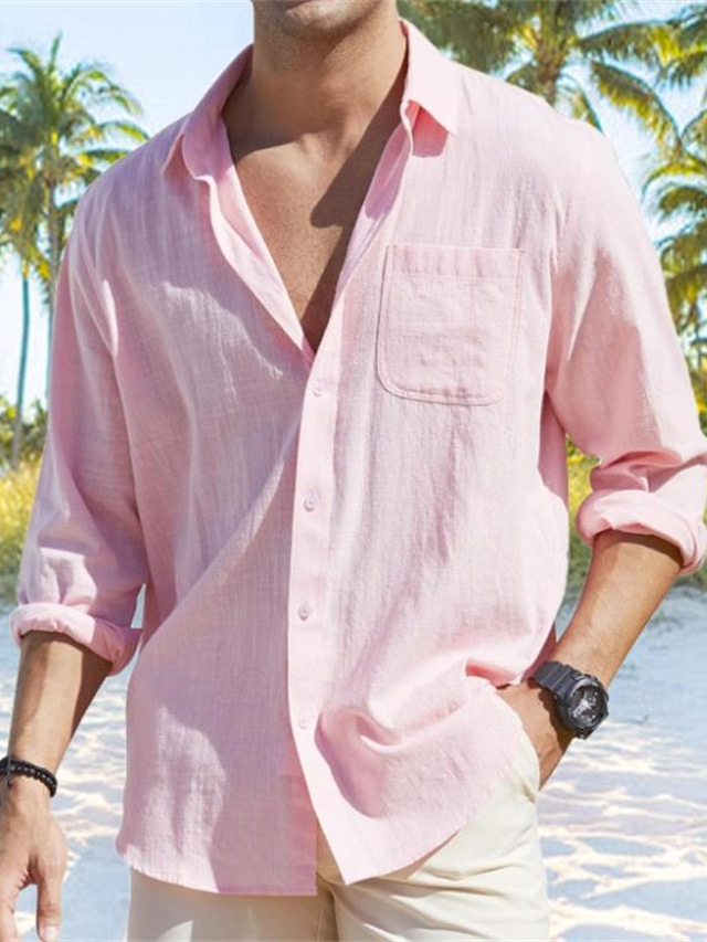  Hombre Camisa camisa de lino Abotonar la camisa Camisa de verano Camisa de playa Negro Rosa Azul Piscina Manga Larga Plano Cuello Primavera verano Casual Diario Ropa