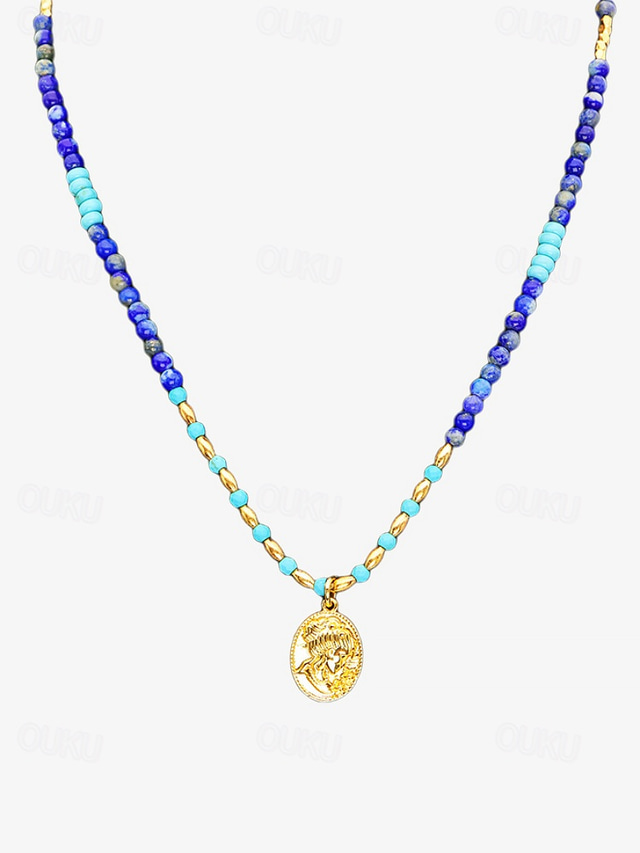  Women's Bohemian Lapis Lazuli & Copper Beaded Necklace with Zodiac Pendant