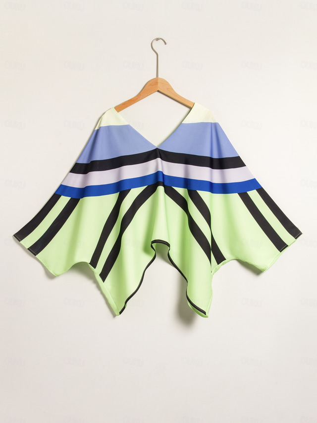  Satin V Neck Geometric Print Poncho Blouse