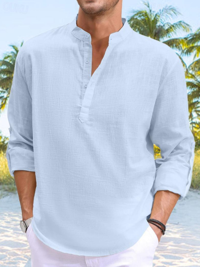  Men's Shirt Linen Shirt Popover Shirt Summer Shirt Beach Shirt Black White Blue Long Sleeve Plain Band Collar Spring & Summer Casual Daily Clothing Apparel