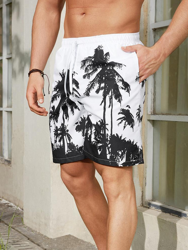  Calções de banho masculinos calções de banho havaianos calções de verão calções de praia com cordão com forro de malha cintura elástica estampas de coqueiro secagem rápida curto casual diário férias