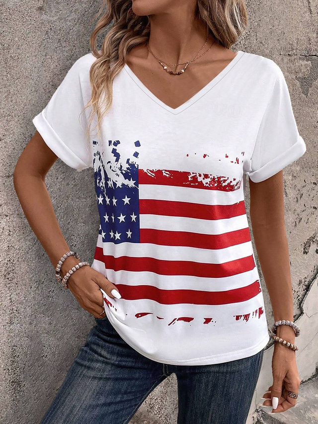  Women's Patriotic  T Shirt American Flag Print V Neck Red White And Blue Short Sleeve Casual Summer Tee Red White Blue Comfortable Lightweight Top for Daily Wear