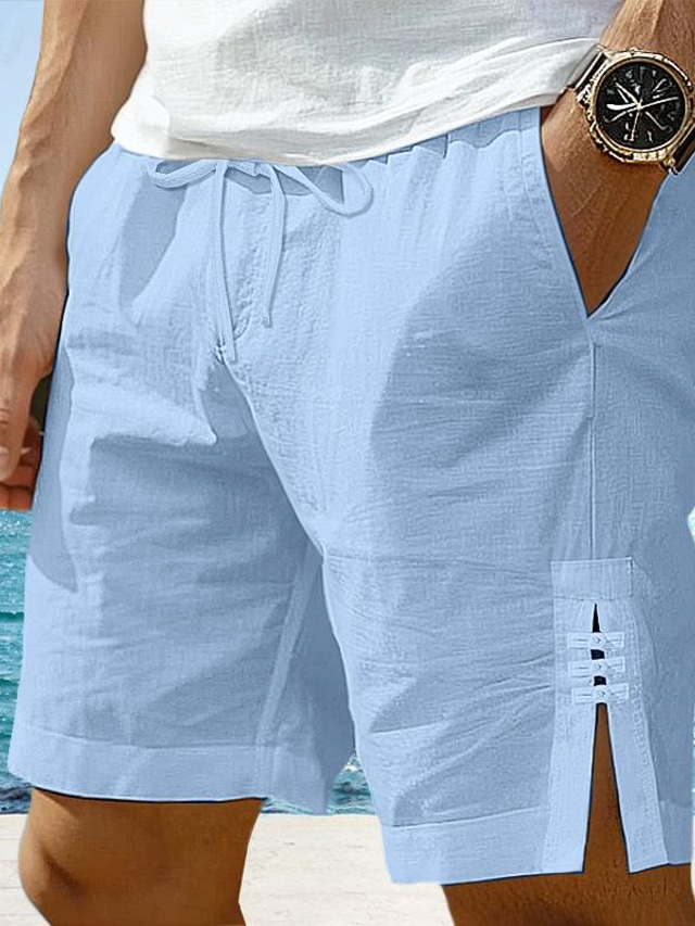  Men's Shorts Linen Shorts Summer Shorts Button Split Front Pocket Plain Comfort Breathable Knee Length Party Outdoor Casual Fashion Basic White Navy Blue