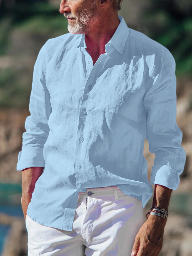  Men's Shirt Linen Shirt Button Up Shirt Summer Shirt Beach Shirt Black White Pink Long Sleeve Plain Collar Spring & Summer Casual Daily Clothing Apparel