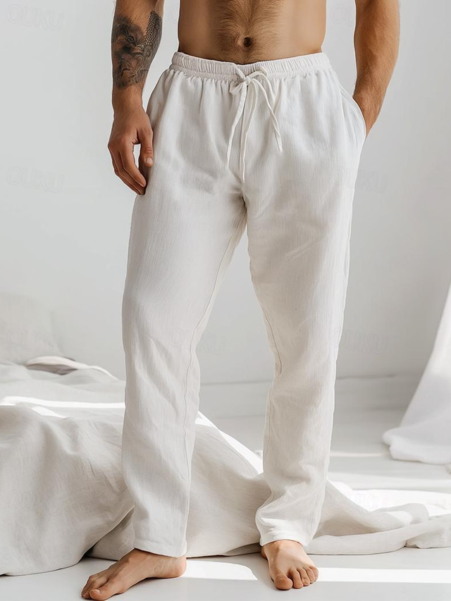  Męskie Lniane spodnie Spodnie Letnie spodnie Ściągana na sznurek Elastyczny pas Równina Komfort Oddychający Pełna długość Codzienny Plaża Moda Prosty Biały Niebieski Średnio elastyczny
