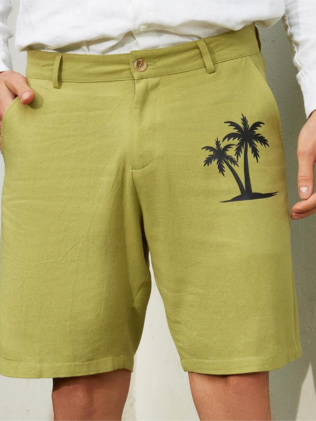  мужские шорты льняные шорты летние шорты пляжные шорты эластичная резинка на талии с принтом кокосовой пальмы комфорт короткие ежедневные каникулы пляжные 30% льняные каникулы модные зеленые белые