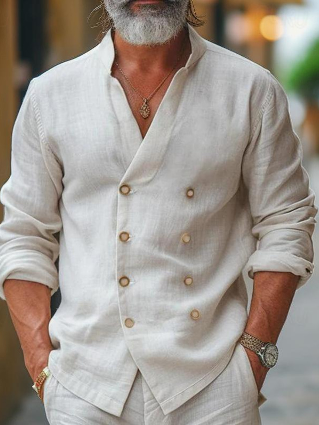  Men's Shirt Linen Shirt Button Up Shirt Summer Shirt Beach Shirt Black White Blue Long Sleeve Plain Band Collar Spring & Summer Casual Daily Clothing Apparel