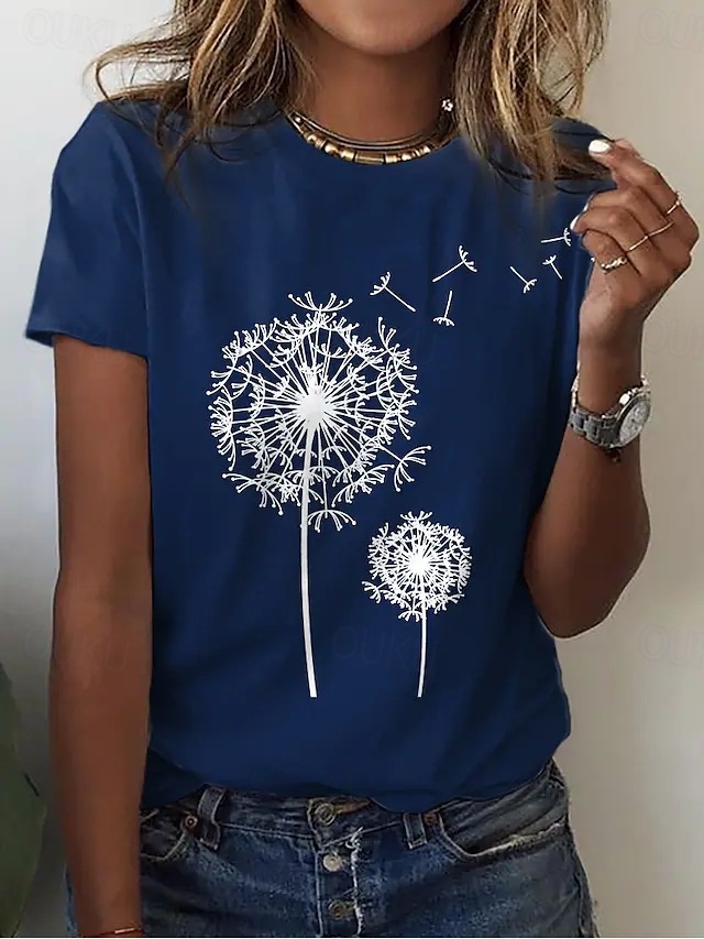  Women's Casual T-Shirt Dandelion Print Crew Neck White Short Sleeve Summer Wear Comfort Fit Daily Essential