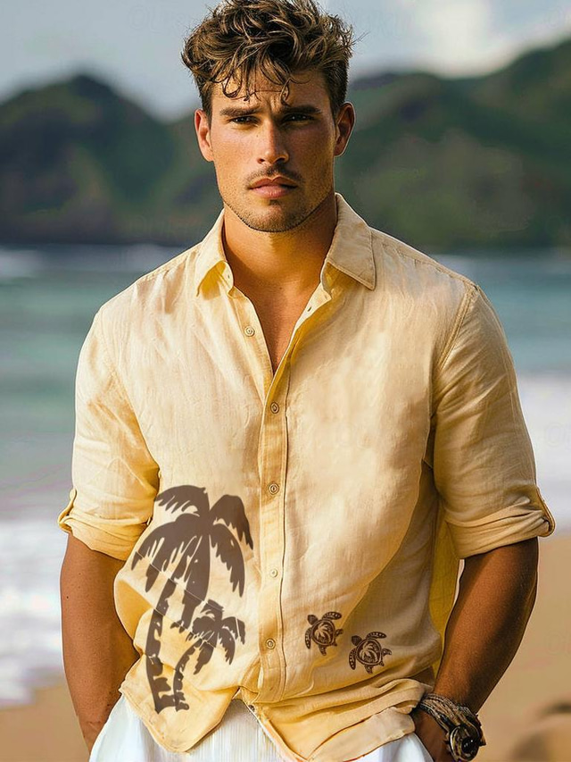  Men's Shirts Coconut Palm Hawaiian Resort Fashion Casual Shirt Casual Shirt Casual Daily Summer Spring & Fall Turndown Shirt Collar Long Sleeve Yellow Linen Cotton Blend Shirt Normal