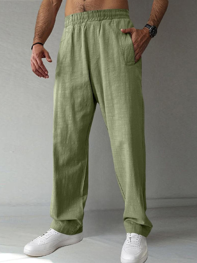 Men's Linen Pants Trousers Summer Pants Front Pocket Straight Leg Plain Comfort Breathable Full Length Casual Daily Holiday Fashion Basic Black Green