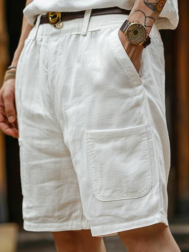  Men's Shorts Linen Shorts Summer Shorts Pocket Front Pocket Straight Leg Plain Comfort Breathable Knee Length Party Outdoor Casual Fashion Basic White Blue