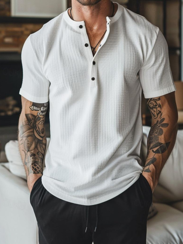  Hombre Camisa henley gofrada Camiseta superior Color sólido Henley Exterior Casual Manga Corta Botón Ropa Moda Design Cómodo