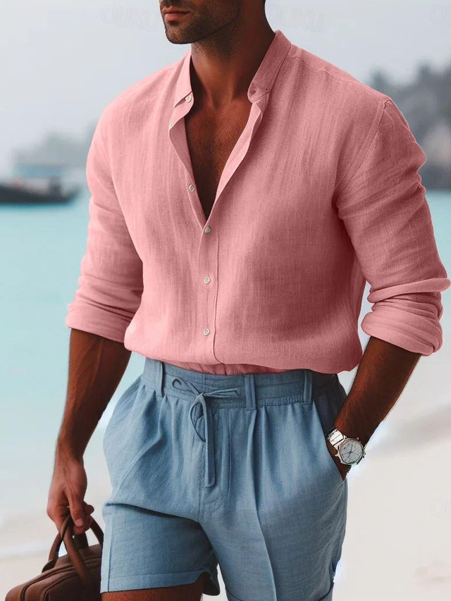  Męskie Koszula lniana koszula Zapinana na guziki koszula Letnia koszula Koszula plażowa Rumiany róż Długi rękaw Równina Kołnierz Wiosna i lato Codzienny Hawajskie Odzież
