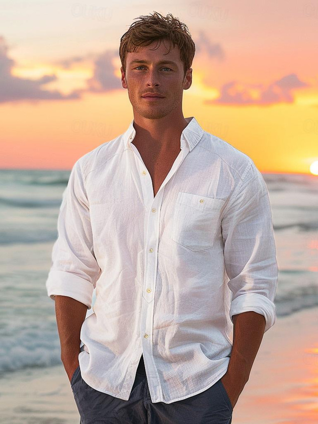  Men's Shirt Linen Shirt Button Up Shirt Beach Shirt White Long Sleeve Plain Lapel Spring &  Fall Daily Vacation Clothing Apparel