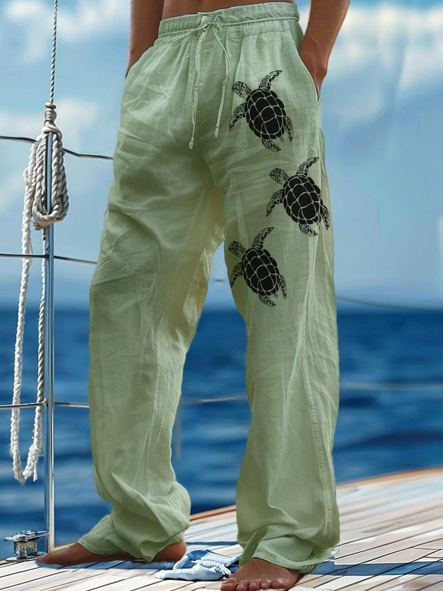  Hombre Pantalones de lino Pantalones Pantalones de verano Pantalones de playa Correa Cintura elástica Estampado Graphic Comodidad Diario Vacaciones Playa Vacaciones Moda Azul Piscina Verde Trébol