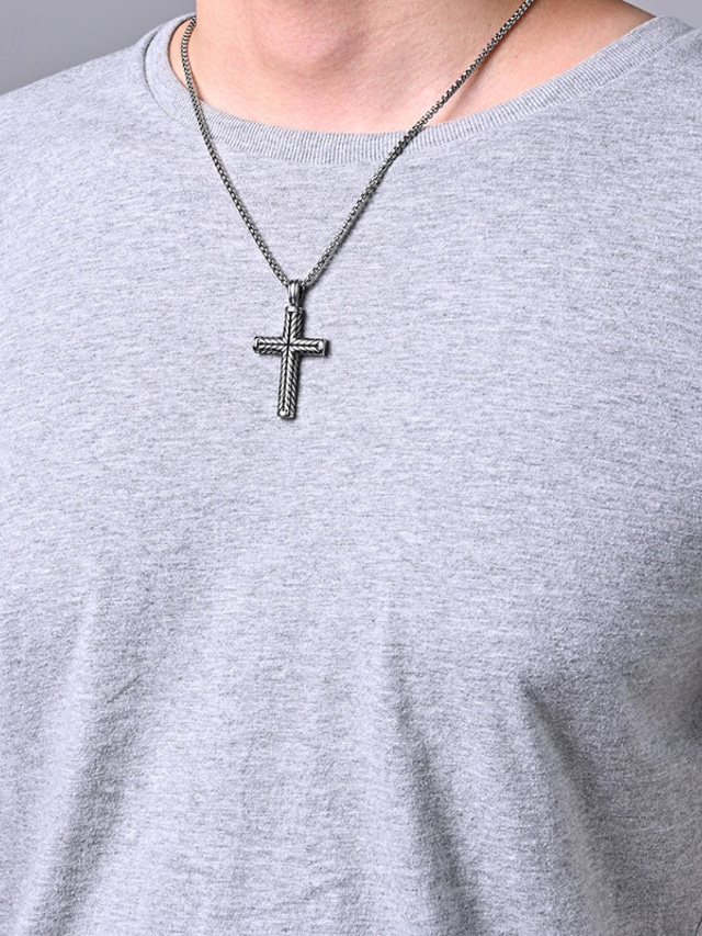  Homme Collier Pendentif Couleur acier et chaîne bleu fleur couleur acier Acier inoxydable Croix