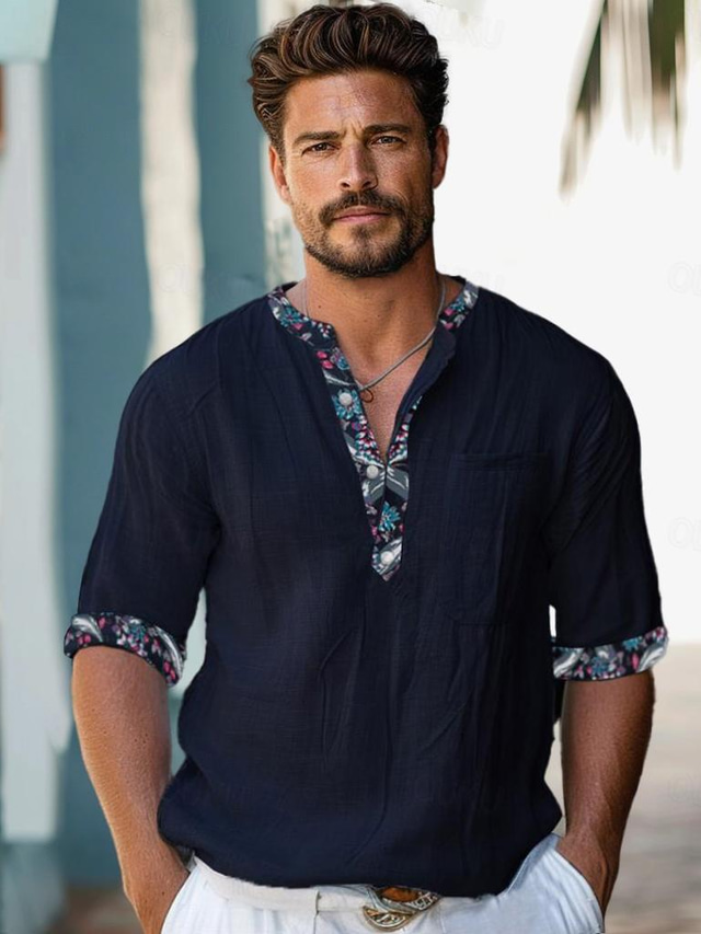  camicia grafica da uomo camicia hawaiana casual in lino camicia con bottoni camicia quotidiana per le vacanze hawaiane primavera e autunno bavero manica lunga blu navy 55% lino 45% camicia di cotone