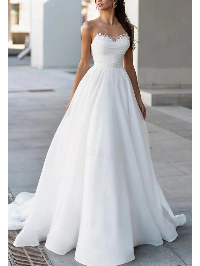  TS Beach Wedding Dresses A-Line Boat Neck Sleeveless Sweep / Brush Train Tulle Bridal Gowns With Solid Color 2025