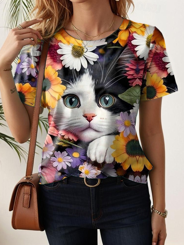  Women's T Shirt Stylish Cat Short Sleeve Regular Tops Crew Neck Daily Yellow Summer