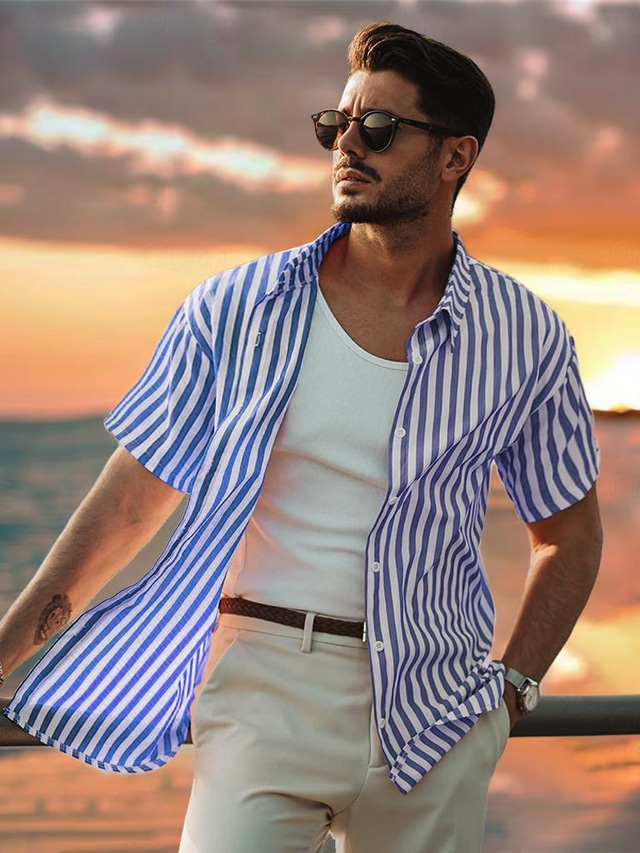  Men's Shirt Blue Short Sleeve Striped Turndown Shirt Collar Work Sports & Outdoor Button Clothing Apparel Vacation Daily Casual Daily