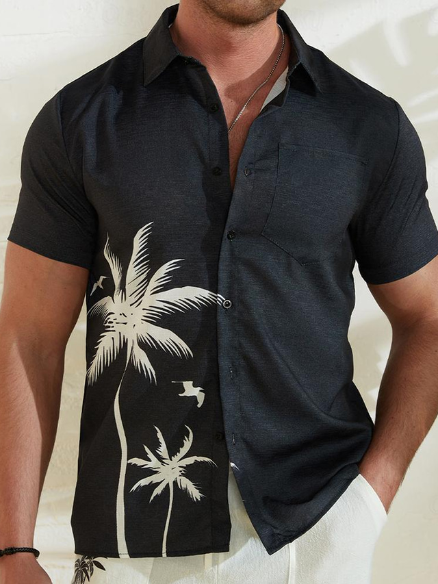  Coconut Tree Graphic Prints Casual Men's Shirt Outdoor Street Casual Summer Spring Stand Collar Short Sleeve Black S, M, L Polyester Shirt
