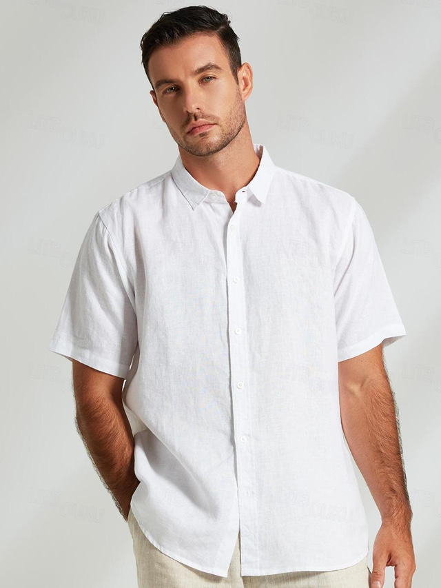 Men's Shirt Linen Shirt Casual Shirt Button Down Shirt White Short Sleeve Solid Color Turndown Outdoor Button Clothing Apparel Vacation Daily
