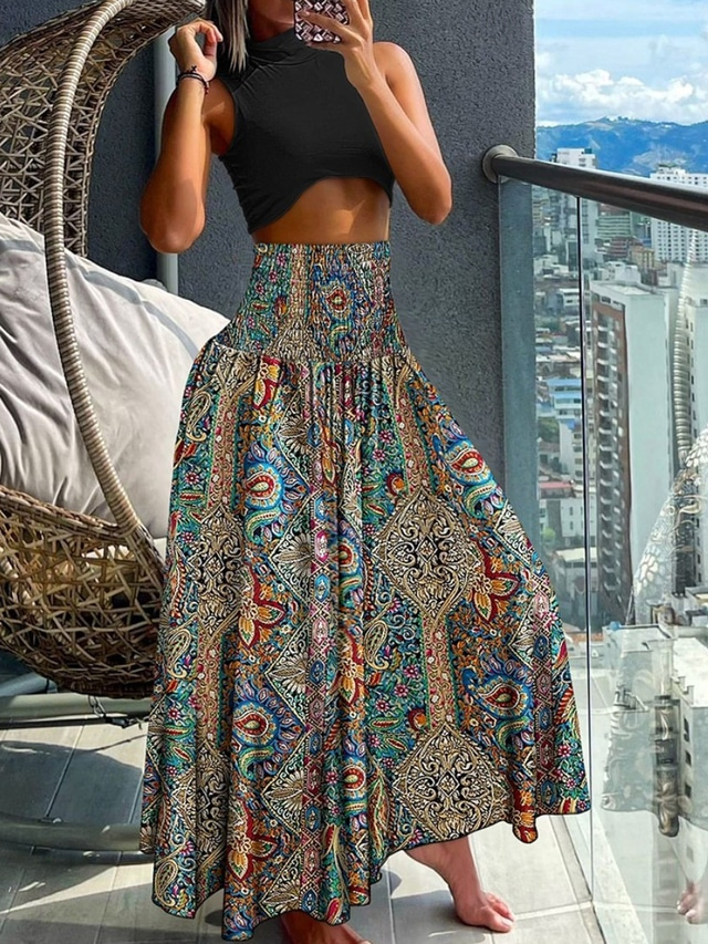  Women's A Line Maxi Skirts Print Gradient Vacation Summer Polyester Boho Black Pink Blue Orange