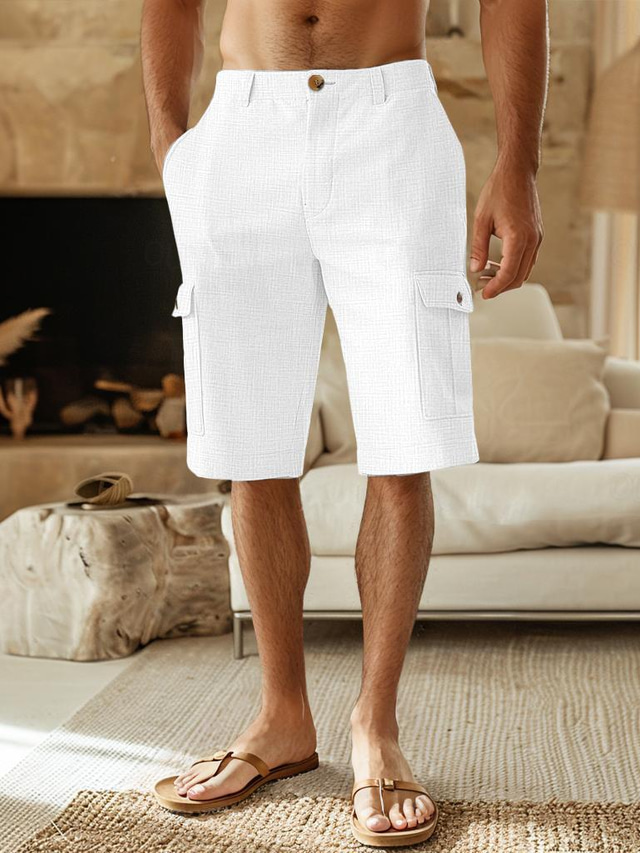  Men's Shorts Linen Shorts Summer Shorts Front Pocket Straight Leg Plain Comfort Breathable Knee Length Party Outdoor Casual Fashion Basic White Khaki