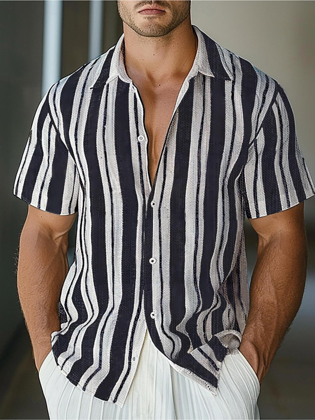  Men's Linen Shirt Dress Shirt Black Short Sleeve Striped Turndown Shirt Collar Formal Outdoor Button Clothing Apparel Daily Business