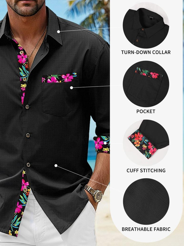  Per uomo Camicia camicia di lino Camicia con bottoni Camicia da spiaggia Nero Bianco Rosa Manica lunga Floreale Bavero Primavera & Autunno Informale Giornaliero Abbigliamento Splice