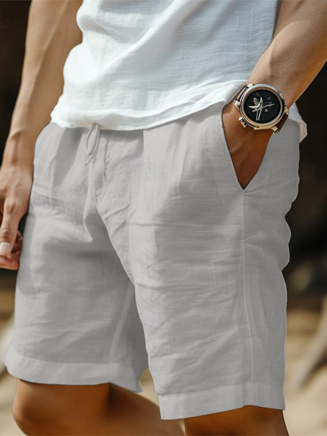 Men's Shorts Linen Shorts Summer Shorts Button Split Front Pocket Plain Comfort Breathable Knee Length Party Outdoor Casual Fashion Basic Blue Green