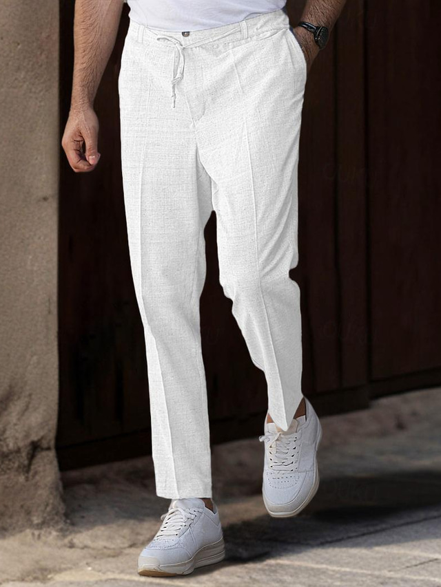  Men's Linen Pants Trousers Summer Pants Front Pocket Straight Leg Plain Comfort Breathable Ankle-Length Casual Daily Holiday Fashion Basic Black White