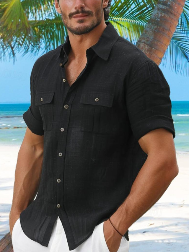  Men's Shirt Linen Shirt Summer Shirt Beach Shirt Black Short Sleeve Plain Collar Summer Spring Casual Daily Clothing Apparel