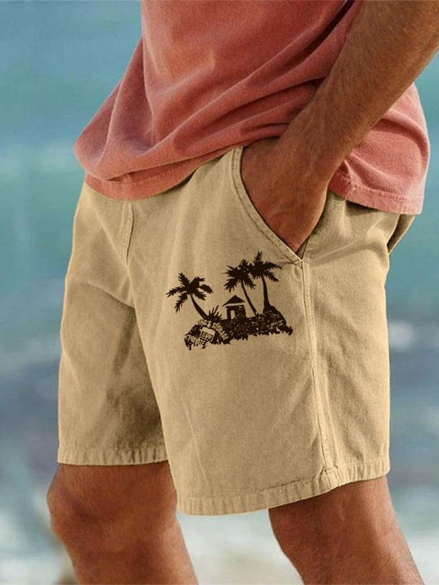  coconut tree herrshorts 10 % linne sommarshorts, strandshorts med dragsko, resår i midjan som andas mjuka korta fritidskläder för daglig semester