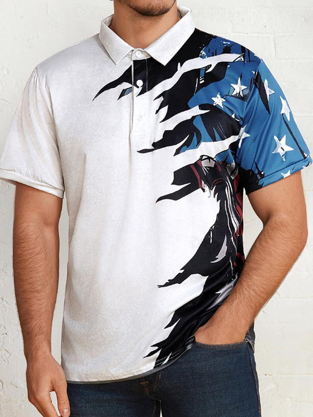  Amerikaanse vlag Voor heren Casual 3D POLO Shirt Straat Dagelijks Feestdagen Katoenmix Korte mouw Strijkijzer Poloshirt Wit Lente zomer S M L Micro-elastisch Revers polo