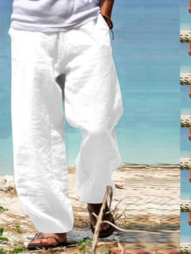  Men's Linen Pants Trousers Summer Pants Beach Pants Elastic Waist Wide Leg Straight Leg Plain Breathable Soft Yoga Casual Daily 100% Cotton Fashion Streetwear Loose Fit Black White