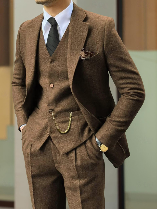  Men's Wedding Tweed Suits Brown Retro Vintage Herringbone Tailored Fit 3 Piece Single Breasted Two-buttons