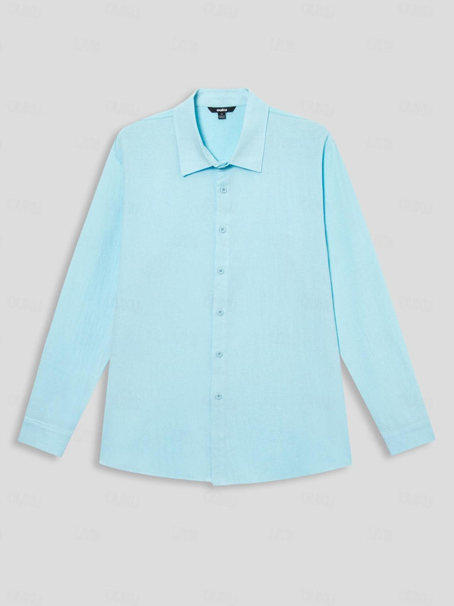  Homens Camisa Social camisa de linho camisa de botão camisa de praia Azul Manga Longa Tecido Lapela Primavera & Outono Casual Diário Roupa