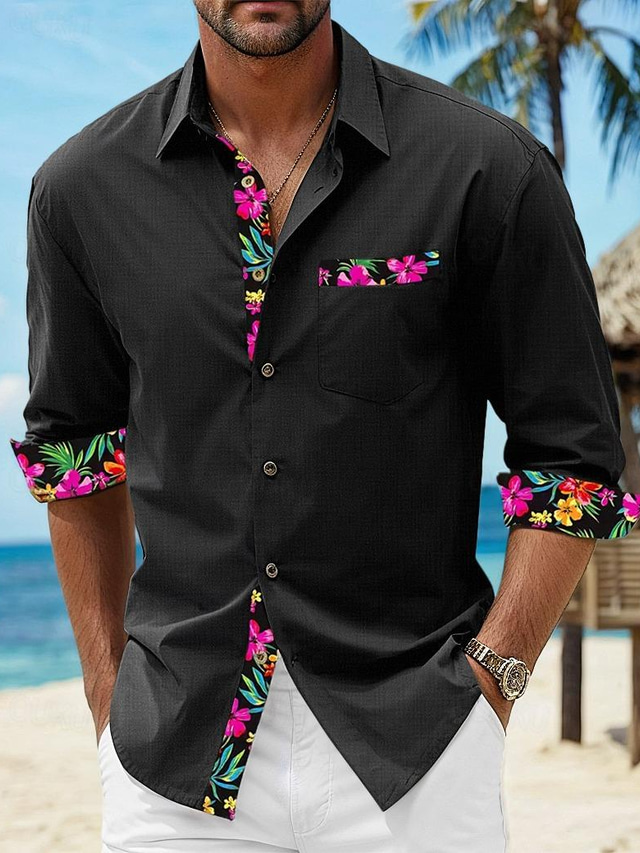  Homens Camisa Social camisa de linho camisa de botão camisa de praia Preto Branco Rosa Manga Longa Floral Lapela Primavera & Outono Casual Diário Roupa Emenda