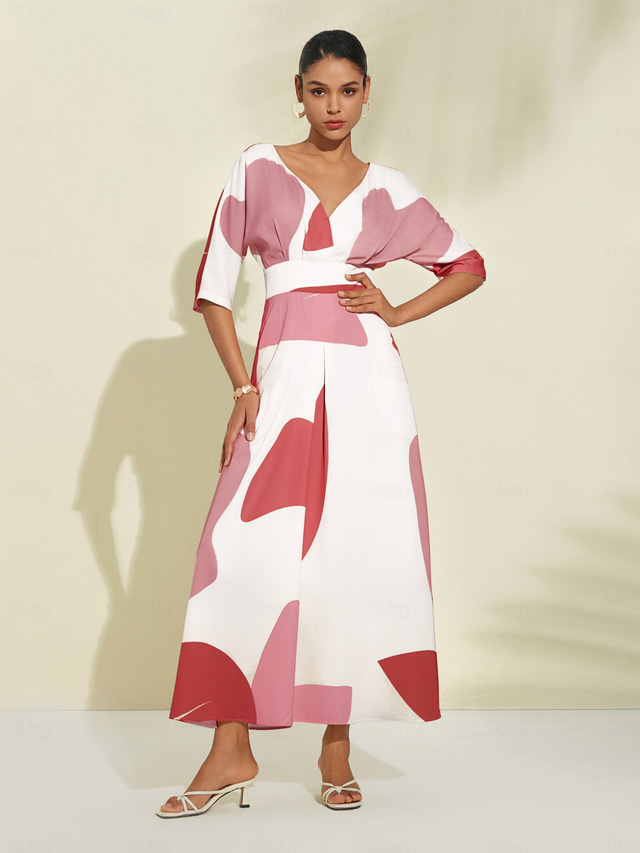  Per donna Abito Stampato Abito maxi Rosso Beige Mezza Manica Fiore / Floreale Tasca Estate Scollo a V Vestiti Spiaggia S M L