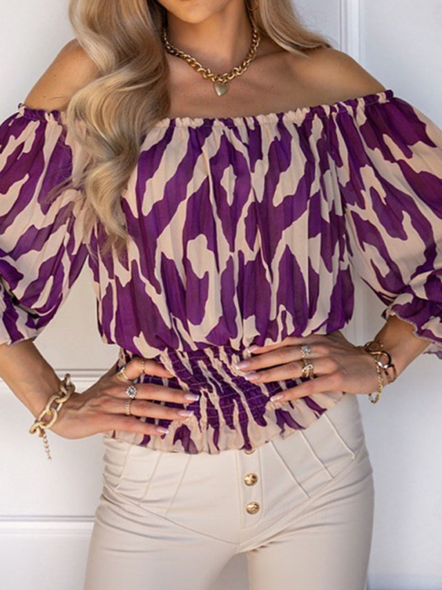  Women's Shirt Blouse Casual Print Long Sleeve Regular Tops Off Shoulder Daily Purple Spring & Summer