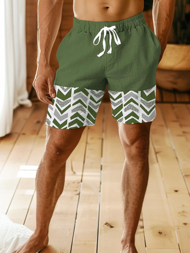  Men's Shorts Linen Shorts Summer Shorts Front Pocket Pleats Straight Leg Geometric Color Block Comfort Breathable Knee Length Party Outdoor Casual Fashion Basic Black Navy Blue