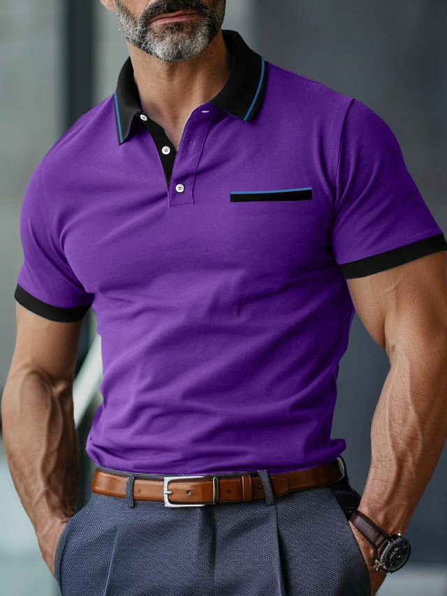  Homme POLO Tee Shirt Golf Casual Vacances Col polo côtelé Classique Manche Courte Mode basique Bloc de couleur Patchwork Poche Eté Standard Violet Grise POLO